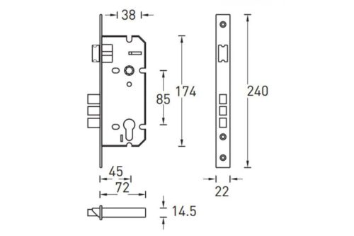 Замок врезной PALIDORE L01 45-70 PB (золото)