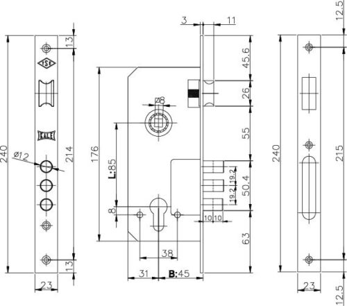 Kale  Корпус замка 152/3MR-85BS45-23BP-(SP,Ros) (без цилиндра) STB 152R4500253