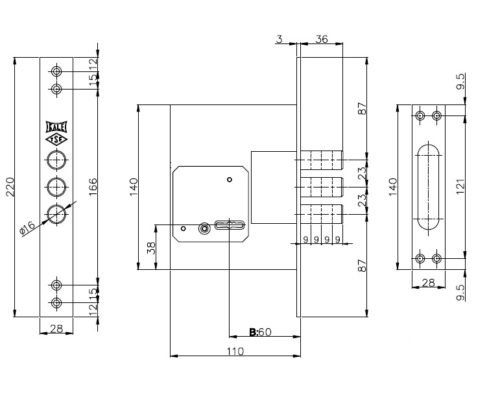 Kale  Замок врезной 257L-BS60-CP-5KEY-(w/oSP,w/oRos)- PB (75мм) (cувальдный)