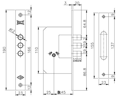 Kale  Замок врезной 189-3MF-BS45-BP-5KEY-(SP,Ros) (крест.ключ) STB 189f0000018