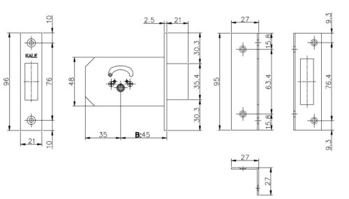Kale  Замок врезной 156F-BS45-CP-5K (SP,Ros) (крест. ключ) STB 156F0000004