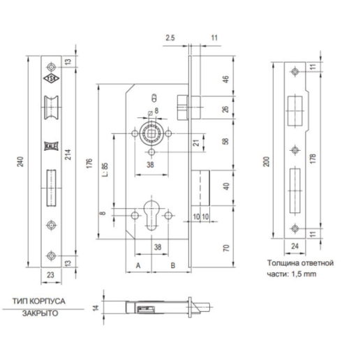 Kale  Корпус замка 152R-85BS45-23NP-(SP,Ros) (без цилиндра) STB 152R4500450