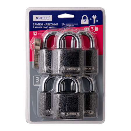 Замок навесной PD-01-50-Blister (6 LOCKS+5 KEYS)  Апекс