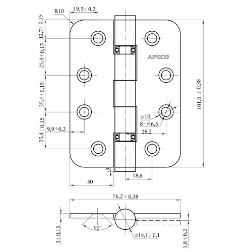 Петля врезная 102*76-В2-INOX (R10) (B2B)  Апекс