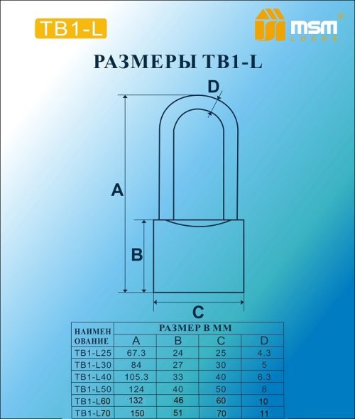 Замок навесной MSM TB1-L70 Блистер