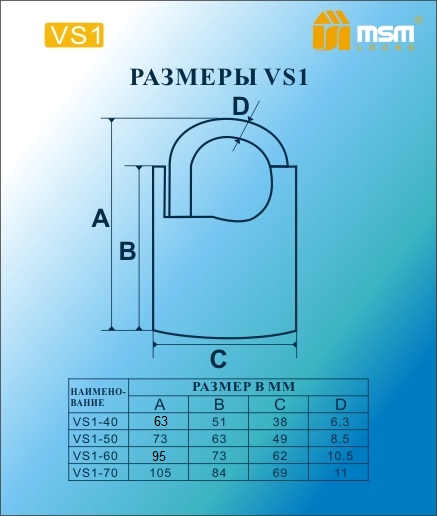 Замок навесной MSM VS1/60 Блистер