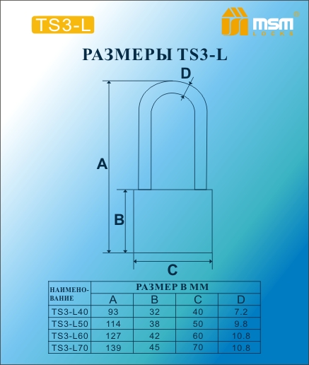 Замок навесной MSM TS3/L60 блистер