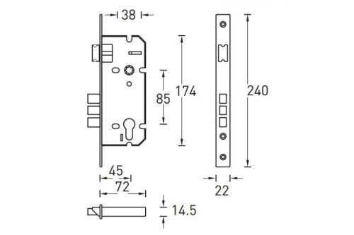 Замок врезной PALIDORE L01 45-70 SN (матовый хром)